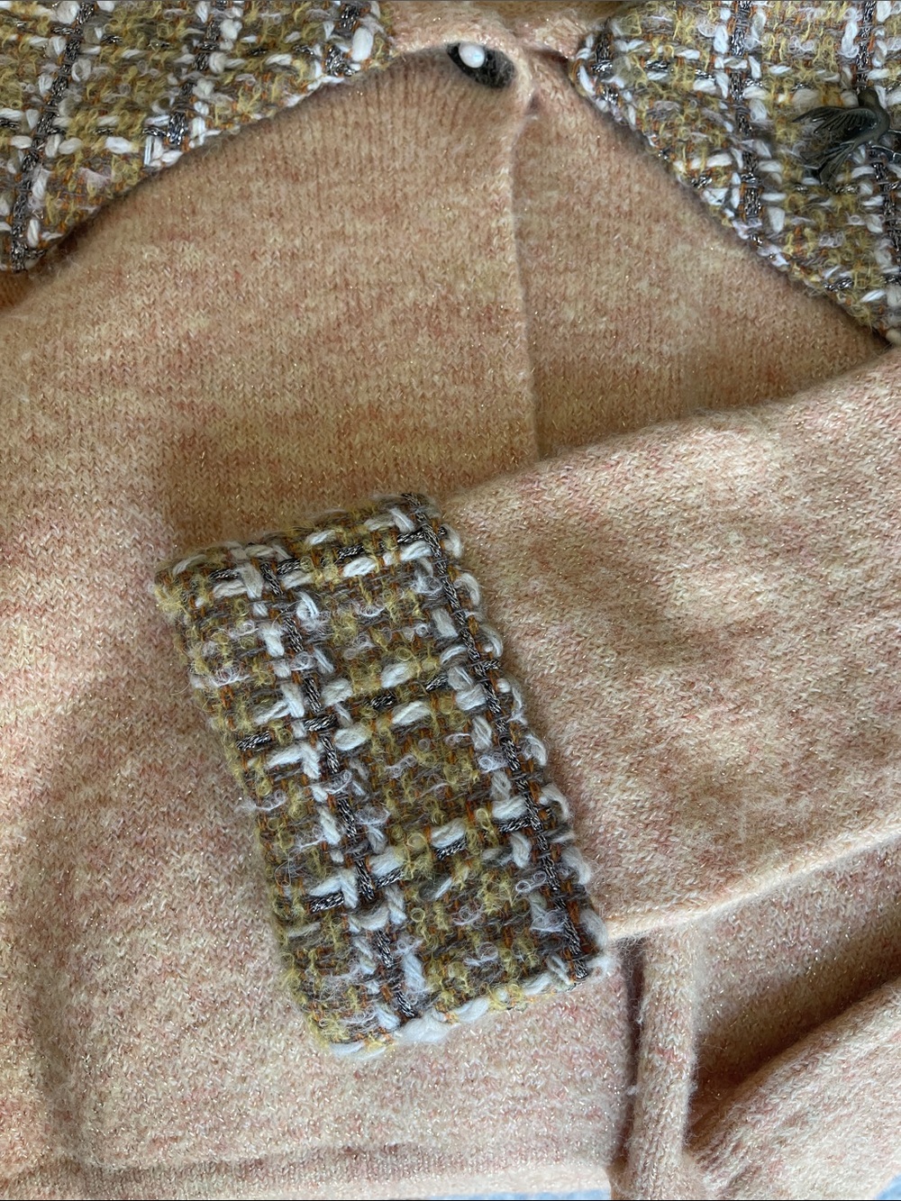 Anthropologie Medium Peach Knit Sweater with Tweed Collar and Cuffs - Picture 4 of 5